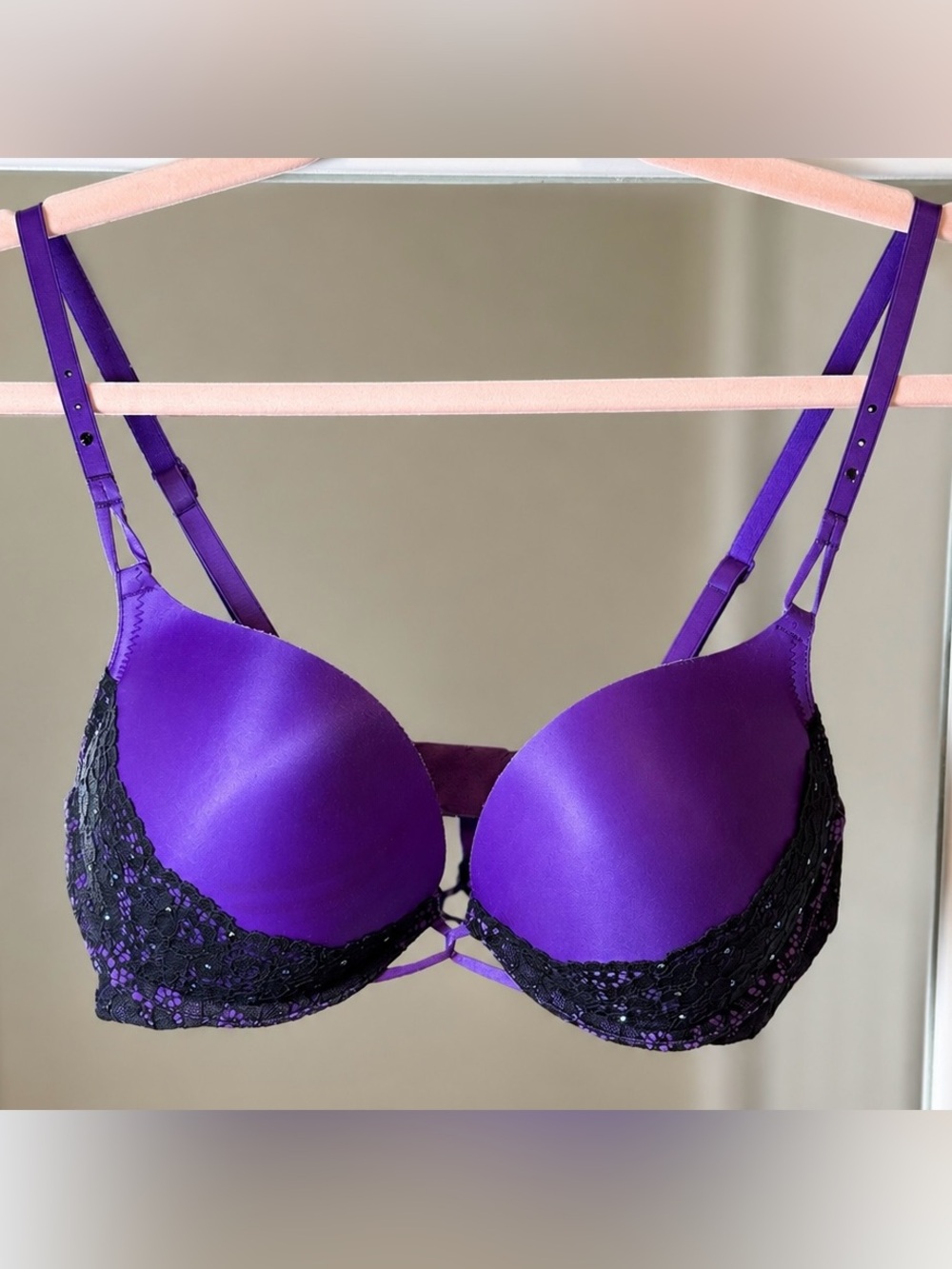 Victoria’s Secret Miracle Plunge Bra Purple & Black Lace Push-Up 34C